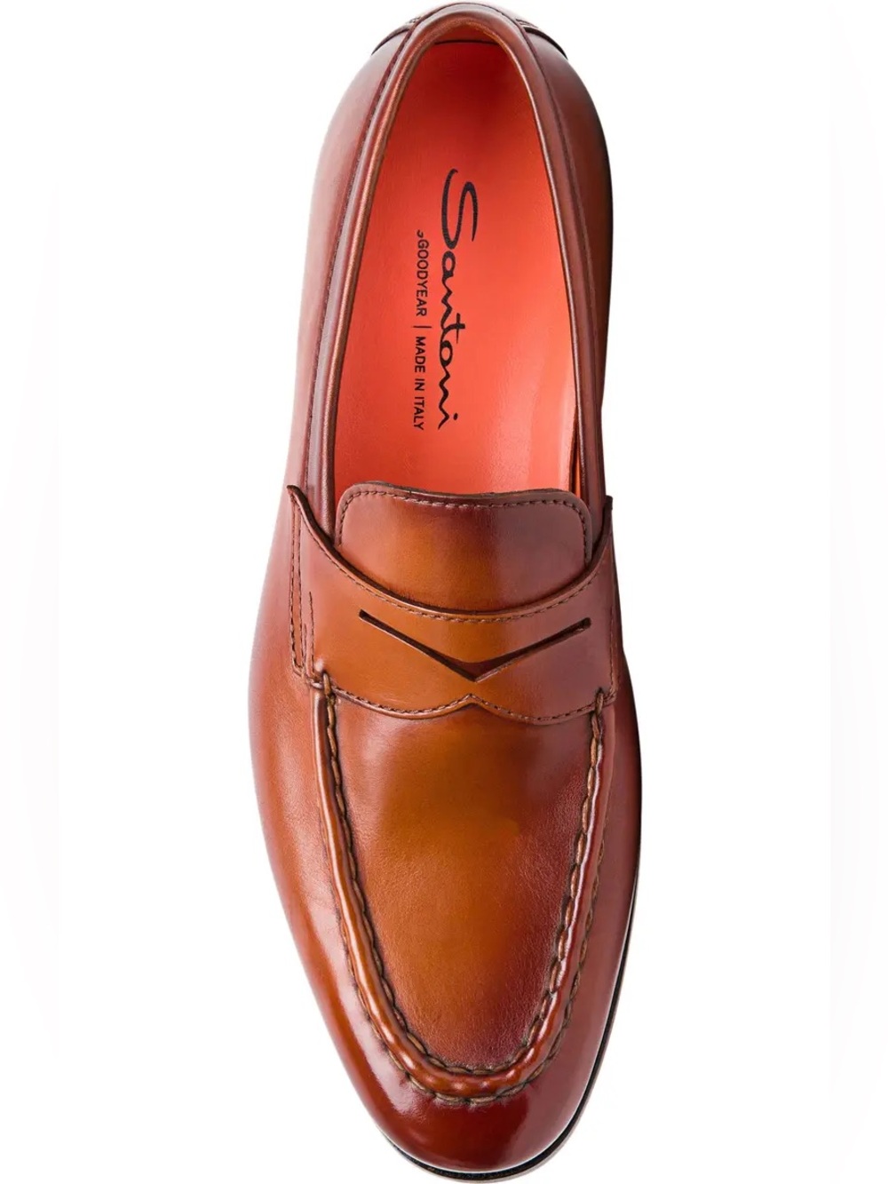 Santoni Cognac Leather Slip-On Penny Loafers